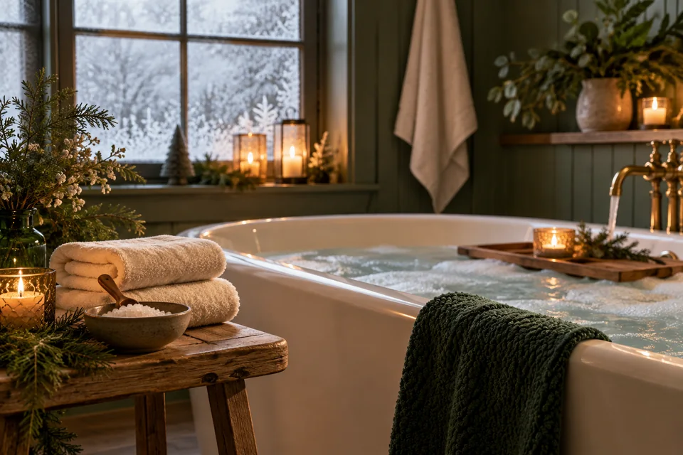 Freistehende Badewanne mit Schaum, gestapelten Handtüchern, einer Schale Badesalz und Kerzen am Winterfenster.