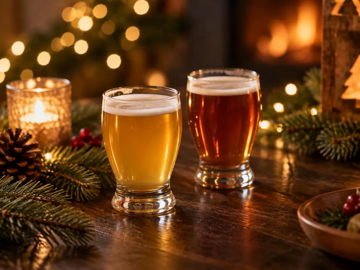 Zwei kleine Verkostungsgläser mit hellem und bernsteinfarbenem Bier auf einem Holztisch bei Kerzenlicht.