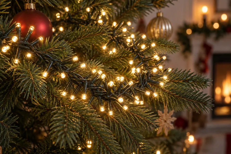 Dicht nebeneinanderliegende kleine Lichtpunkte in den Zweigen eines Tannenbaums vor einem warm beleuchteten Raum