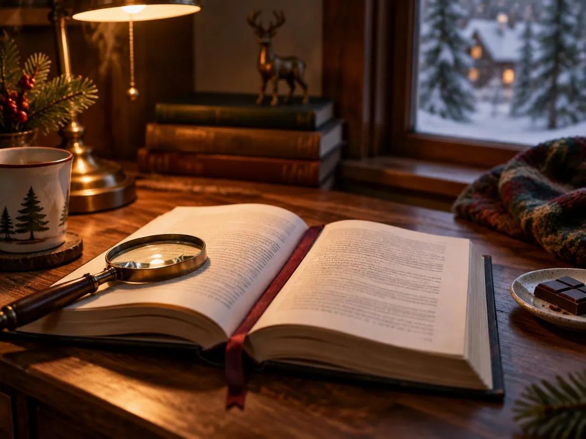 Ein aufgeschlagenes Buch mit Lupe und Lesezeichen auf dem Schreibtisch, seitlich ein Stück Schokolade.