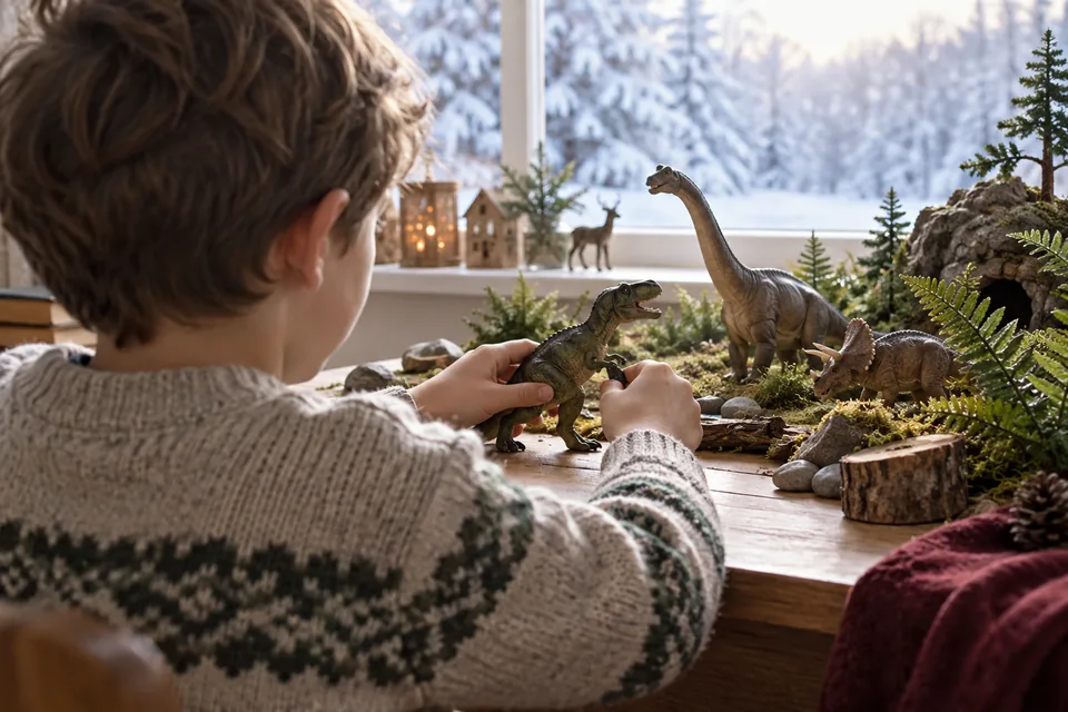 Ein Kind spielt am Fenster mit Dinosaurierfiguren in einer Landschaft aus Moos, Steinen und kleinen Tannen.