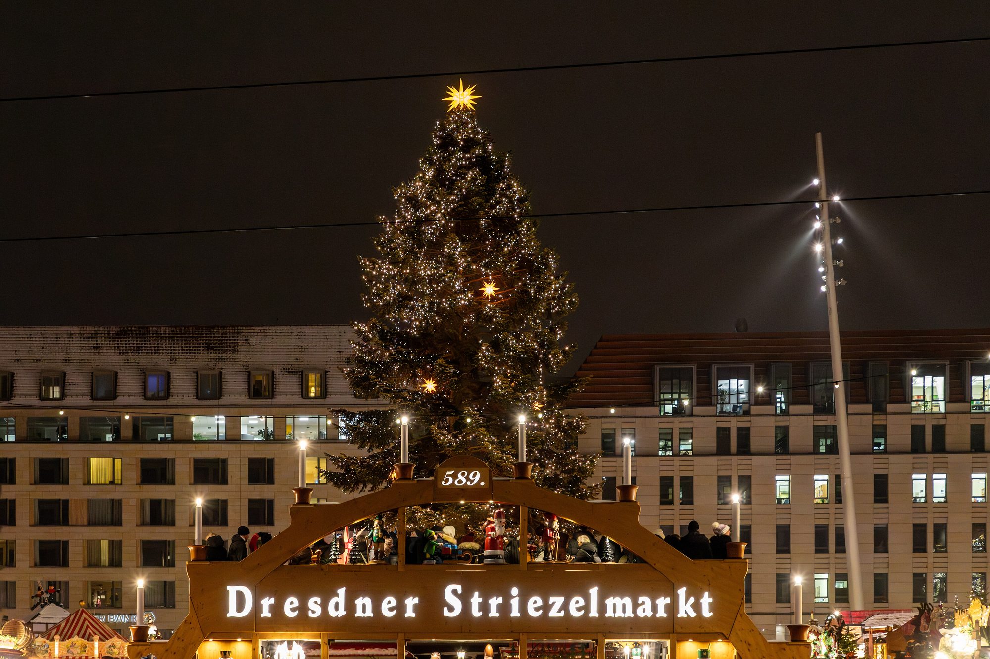Beleuchteter Eingangsbogen des Dresdner Striezelmarkts mit großem geschmücktem Weihnachtsbaum am Abend