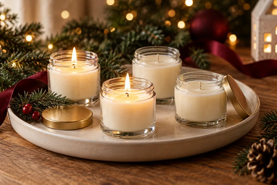 Vier kleine Kerzengläser auf einem hellen Tablett, zwei davon brennend, vor weihnachtlichem Lichterglanz.