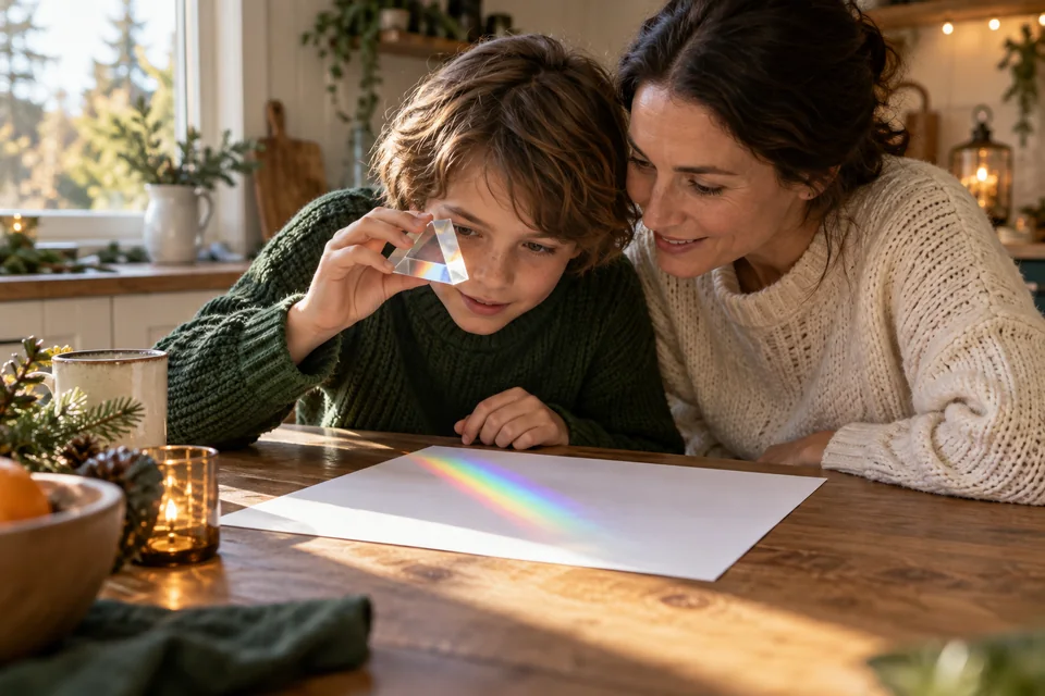 Ein Kind hält ein Glasprisma ins Licht und wirft gemeinsam mit einer Erwachsenen ein Regenbogenband auf ein Blatt Papier.