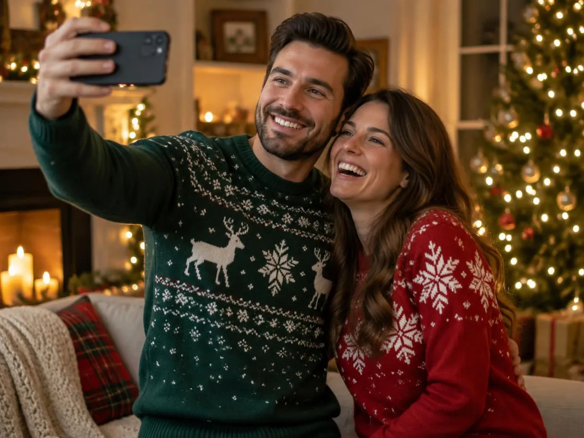 Ein Paar in Weihnachtspullovern macht lachend ein Selfie vor einem beleuchteten Weihnachtsbaum.
