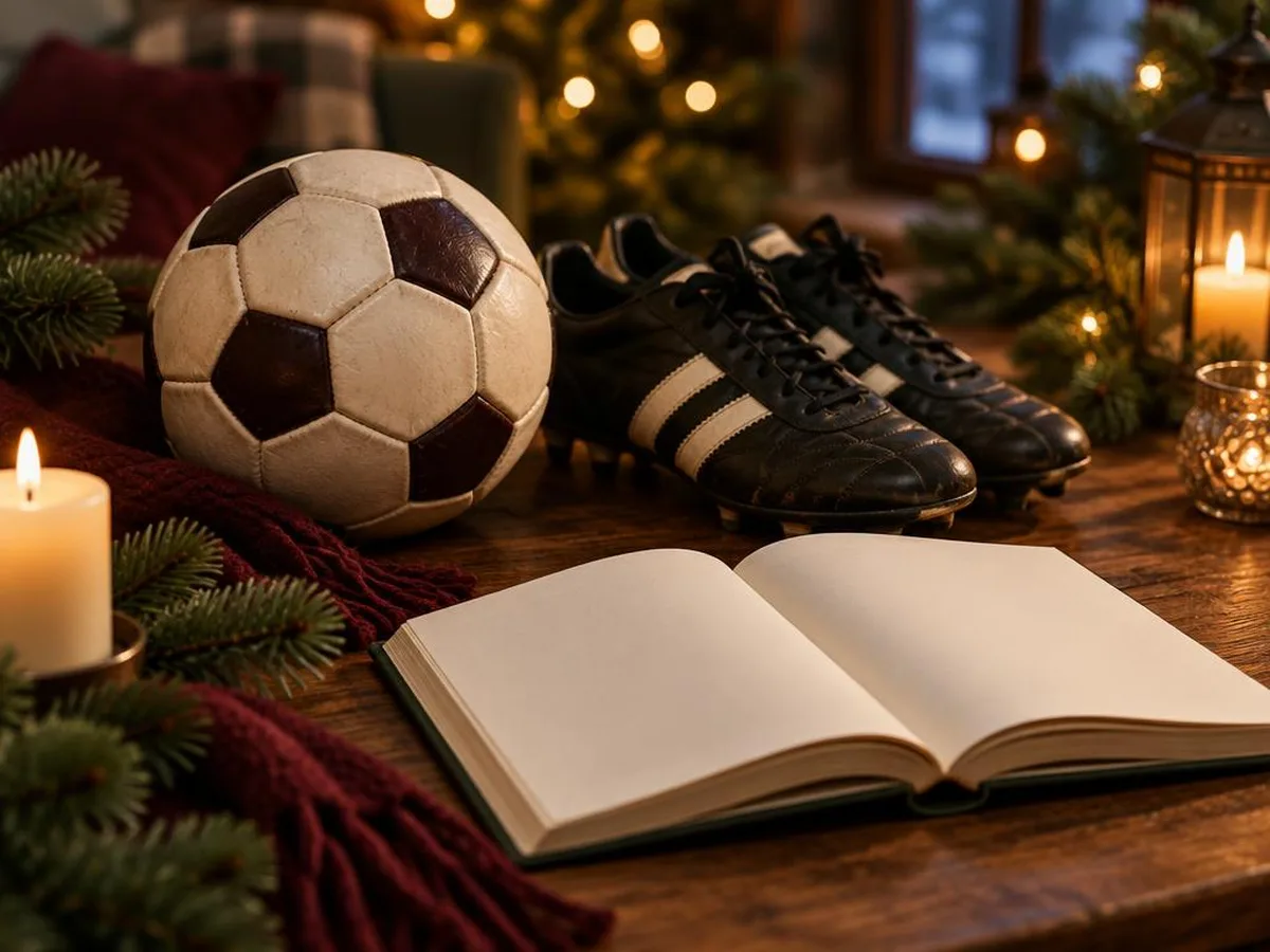 Ein Lederfußball und ein Paar Fußballschuhe neben einem aufgeschlagenen Buch auf einem Holztisch, dazu Tannenzweige und Kerzenlicht.