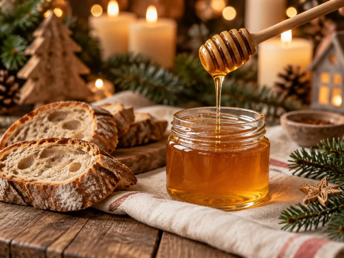 Ein Honiglöffel tropft Honig in ein kleines Glas, daneben Brotscheiben auf einem Leinentuch und Kerzenlicht.
