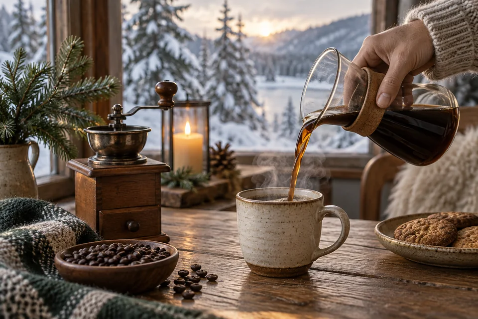 Frisch aufgebrühter Kaffee wird am Winterfenster in eine Keramiktasse gegossen, daneben Bohnen und eine Handmühle.