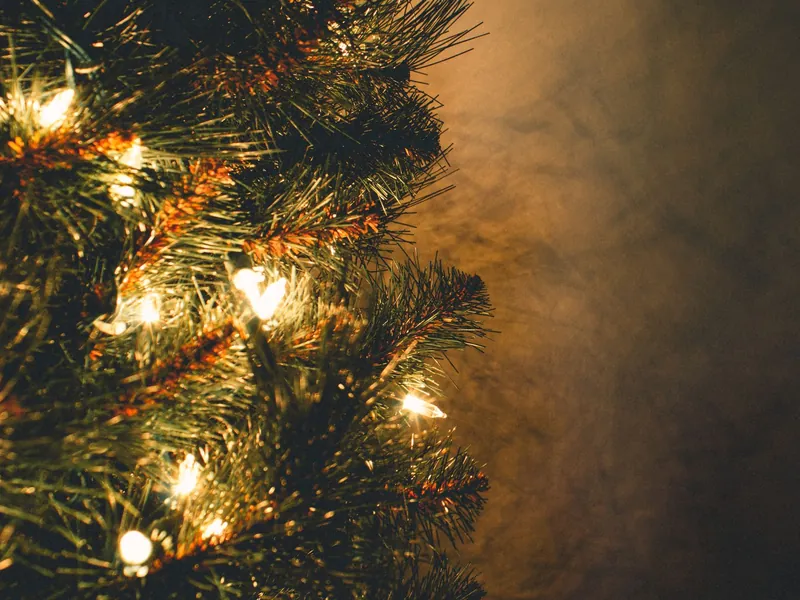 Warmweiße Lichterkette zwischen den Zweigen eines geschmückten Weihnachtsbaums