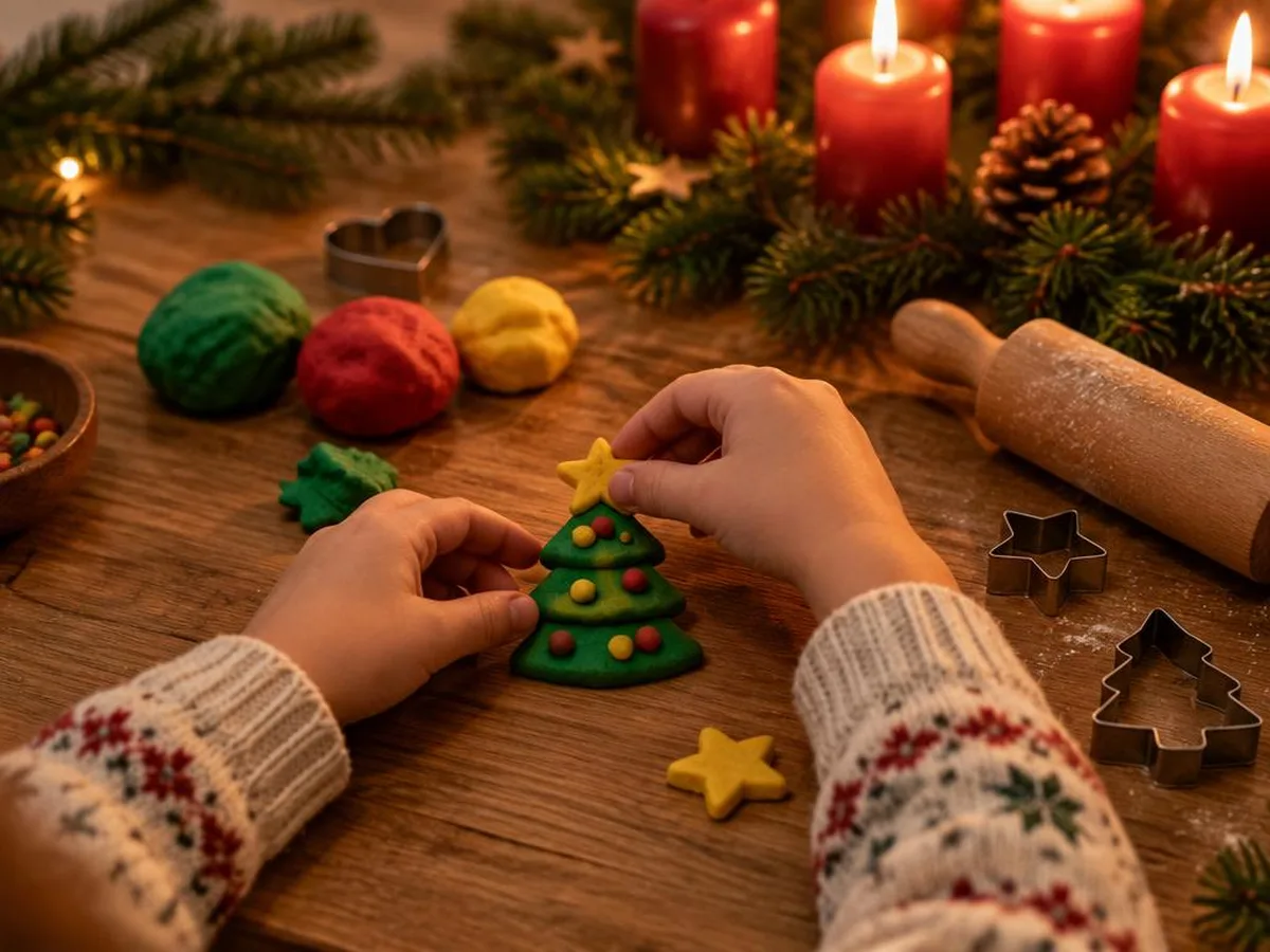 Kinderhände formen aus grüner Knete einen kleinen Weihnachtsbaum, daneben Ausstechformen und ein Nudelholz.