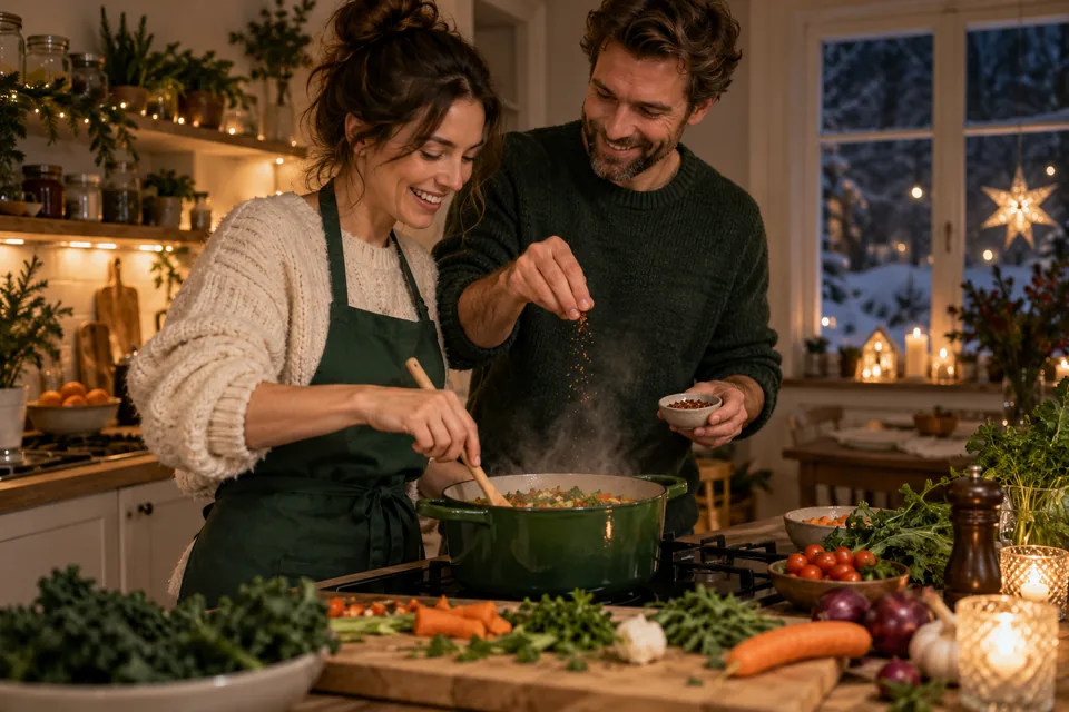 Zwei Menschen kochen gemeinsam in einer weihnachtlich beleuchteten Küche und würzen einen dampfenden Topf.