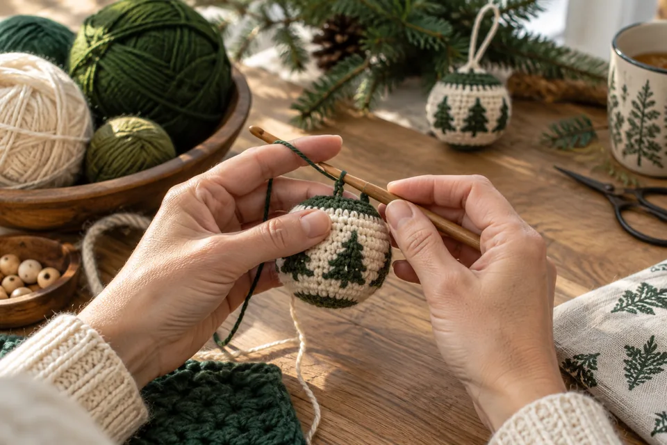 Hände häkeln mit grüner und cremefarbener Wolle eine kleine Weihnachtskugel, daneben Wollknäuel in einer Holzschale.