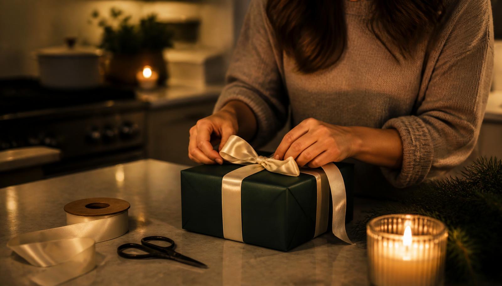 Am späten Abend wird in einer warm beleuchteten Küche ein tannengrünes Geschenk mit heller Schleife gebunden