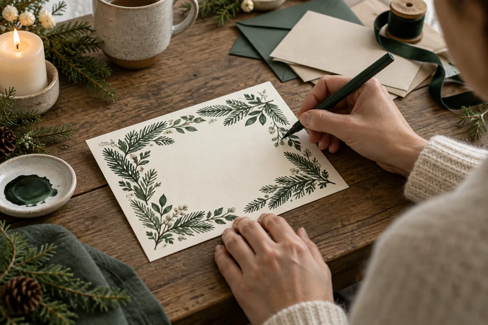 Eine Hand zeichnet mit Pinselstift einen grünen Zweigkranz auf ein Blatt Papier, daneben Kuverts und Kerzenlicht.