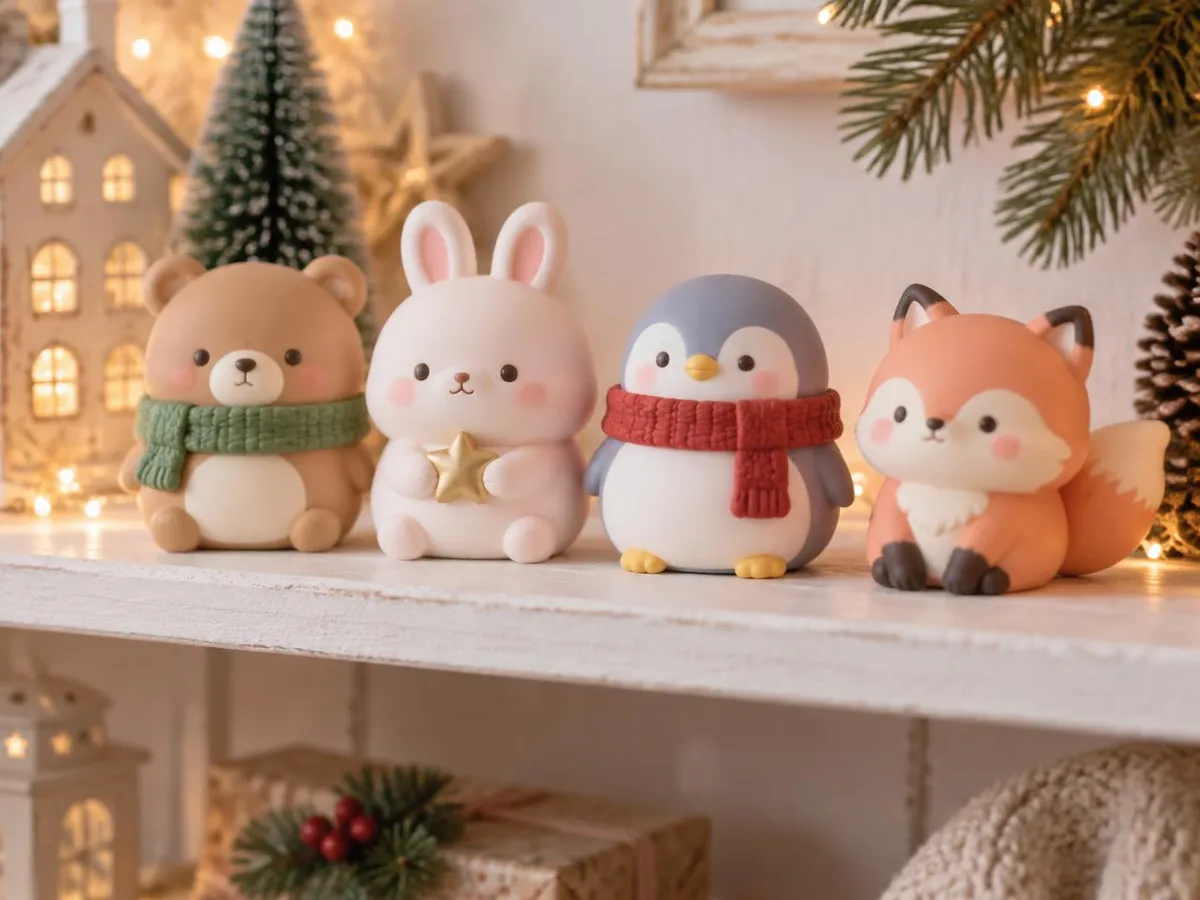 Vier kleine weiche Tierfiguren mit Schals stehen auf einem hellen Regal vor Lichterglanz.
