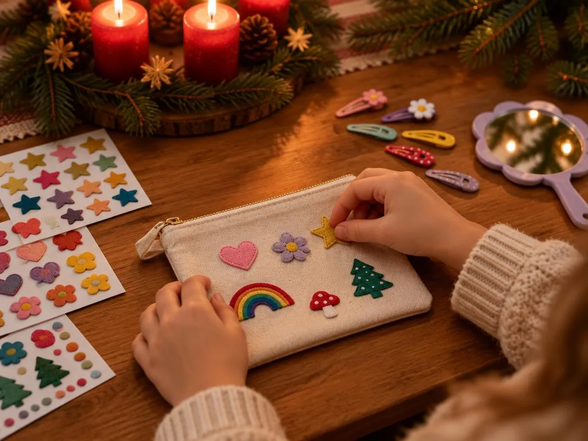 Kinderhände bekleben ein Stofftäschchen mit bunten Stickern, daneben Haarspangen und ein kleiner Spiegel.