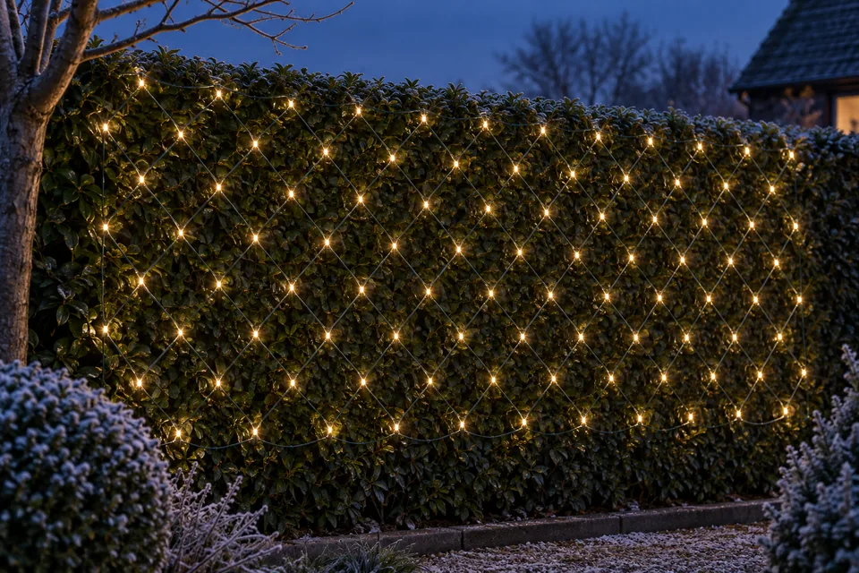 Gleichmäßiges Raster aus Lichtpunkten über einer Gartenhecke in der Dämmerung