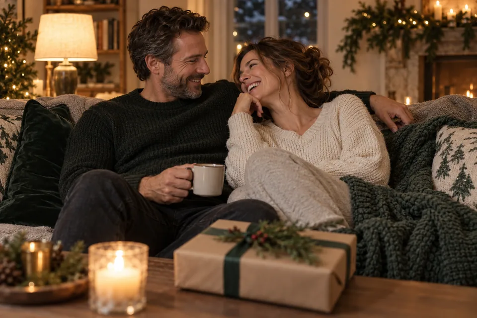 Ein Paar sitzt lachend mit einer Tasse auf dem Sofa, davor ein schlicht verpacktes Geschenk und Kerzenlicht.