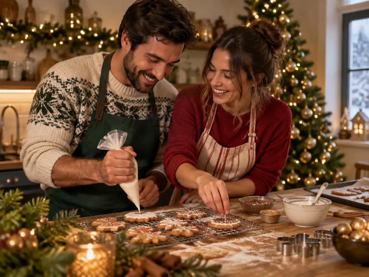 Ein Paar verziert lachend Weihnachtsplätzchen in einer weihnachtlich geschmückten Küche.