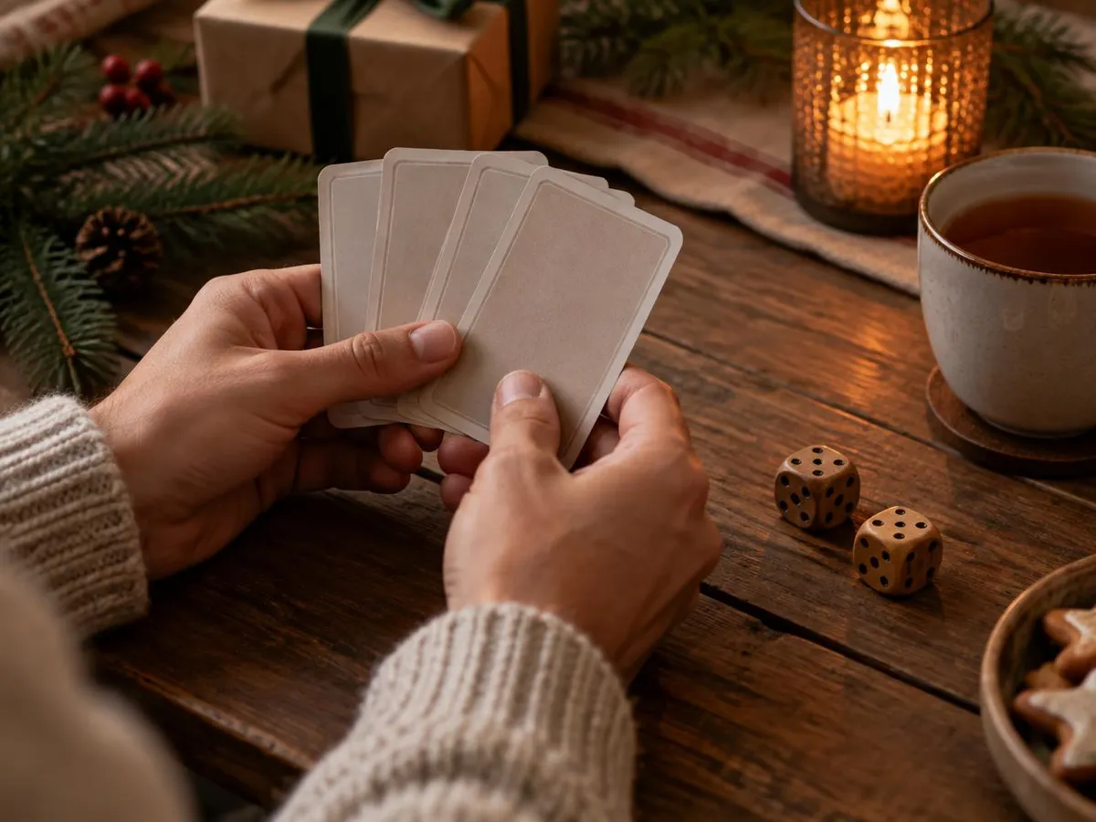 Hände halten neutrale Spielkarten über einem Holztisch, daneben zwei Würfel und eine Tasse Tee.