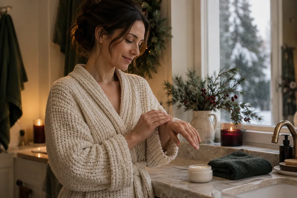 Eine Frau im Strickmantel verteilt vor einem winterlichen Fenster Creme auf dem Handrücken.