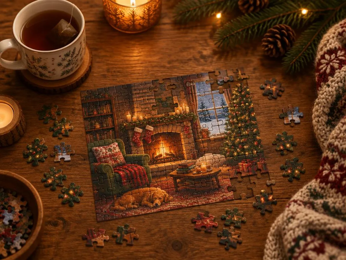 Ein fast fertiges Puzzle mit einem weihnachtlichen Wohnzimmer, lose Teile, eine Tasse Tee und eine Strickdecke.