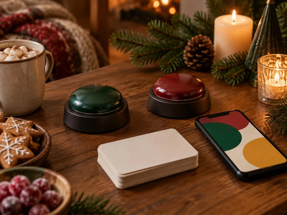 Zwei Buzzer in Grün und Bordeaux, leere Karten und ein Smartphone mit abstrakter Grafik auf einem Holztisch.
