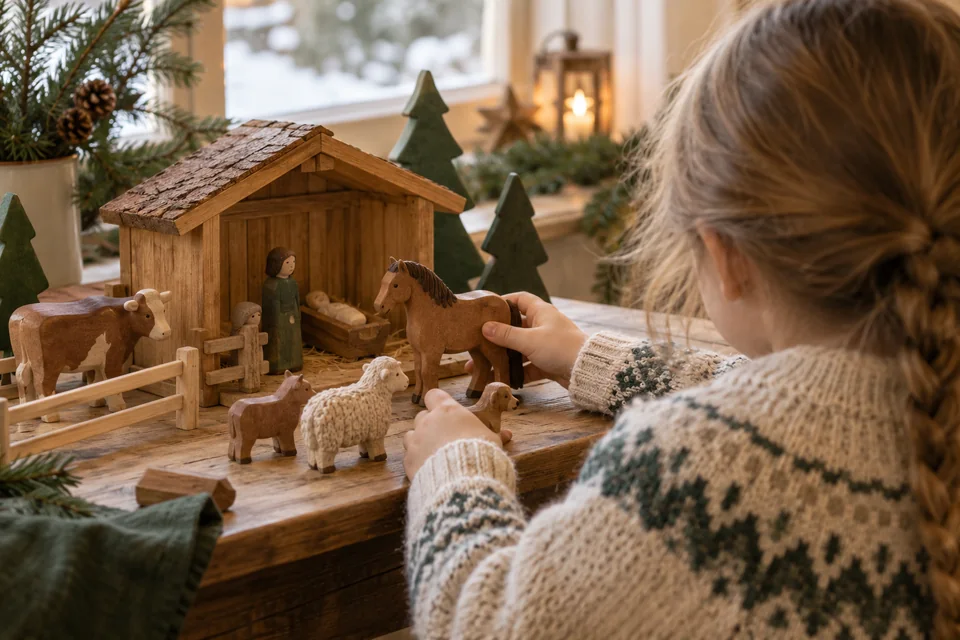 Ein Kind stellt Holzfiguren und Tiere rund um einen kleinen Holzstall auf einem Tisch auf.