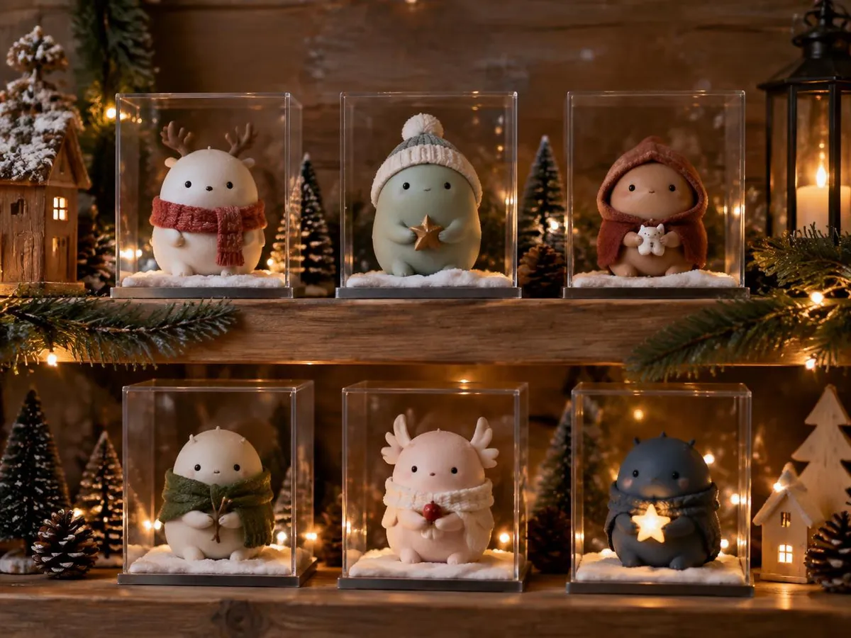 Kleine fantasievolle Sammelfiguren in durchsichtigen Vitrinen auf einem winterlichen Holzregal.