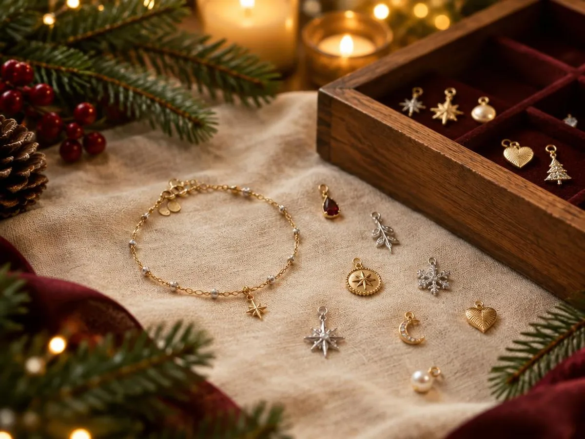 Goldene und silberne Anhänger und ein feines Armband auf einem Leinentuch, daneben ein offenes Holzkästchen und Tannenzweige.