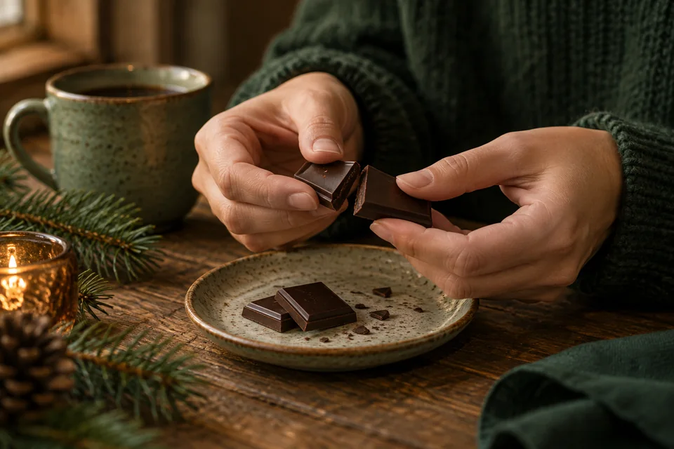 Hände brechen am Holztisch ein Stück dunkle Schokolade, daneben Tannenzweige und eine Tasse.