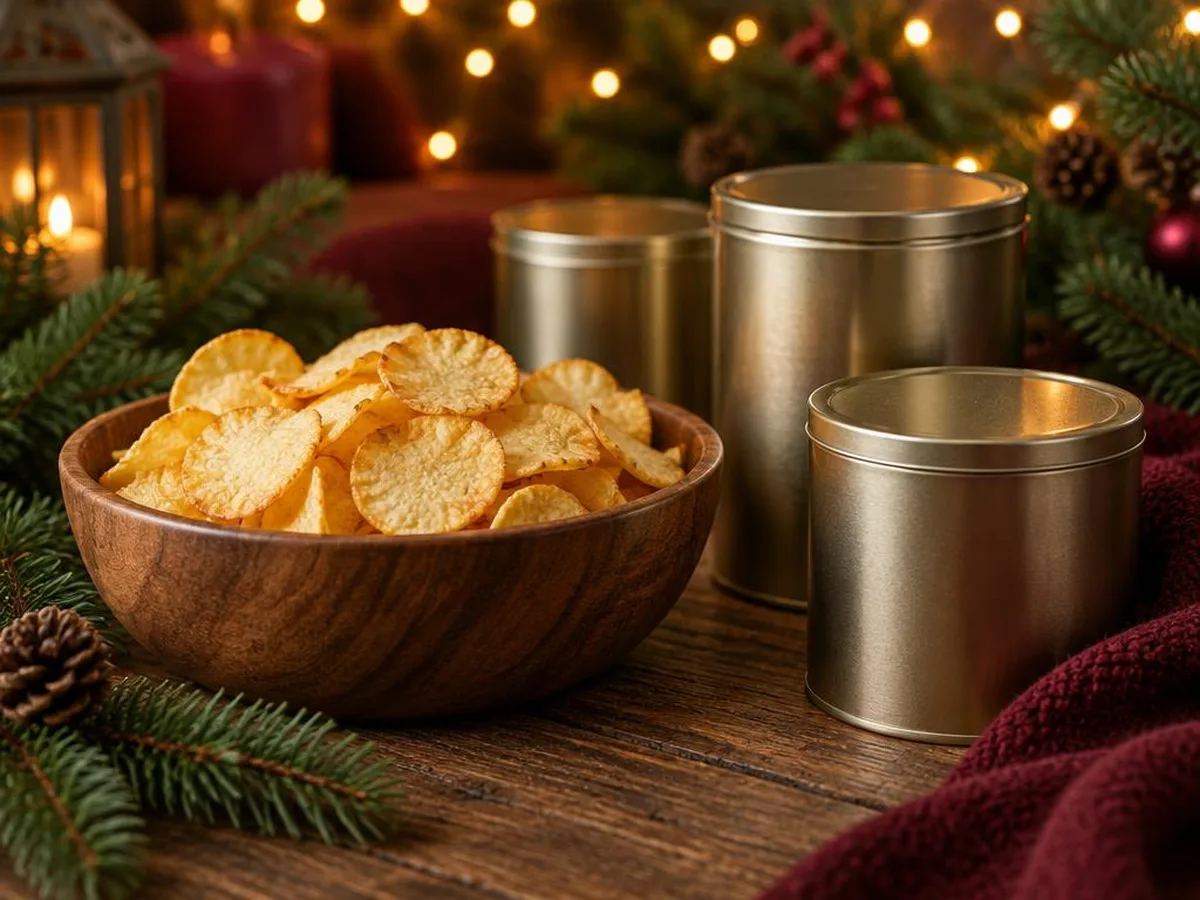 Eine Holzschale mit Kartoffelchips neben unbeschrifteten Metalldosen, dazu Tannenzweige und Lichterglanz.