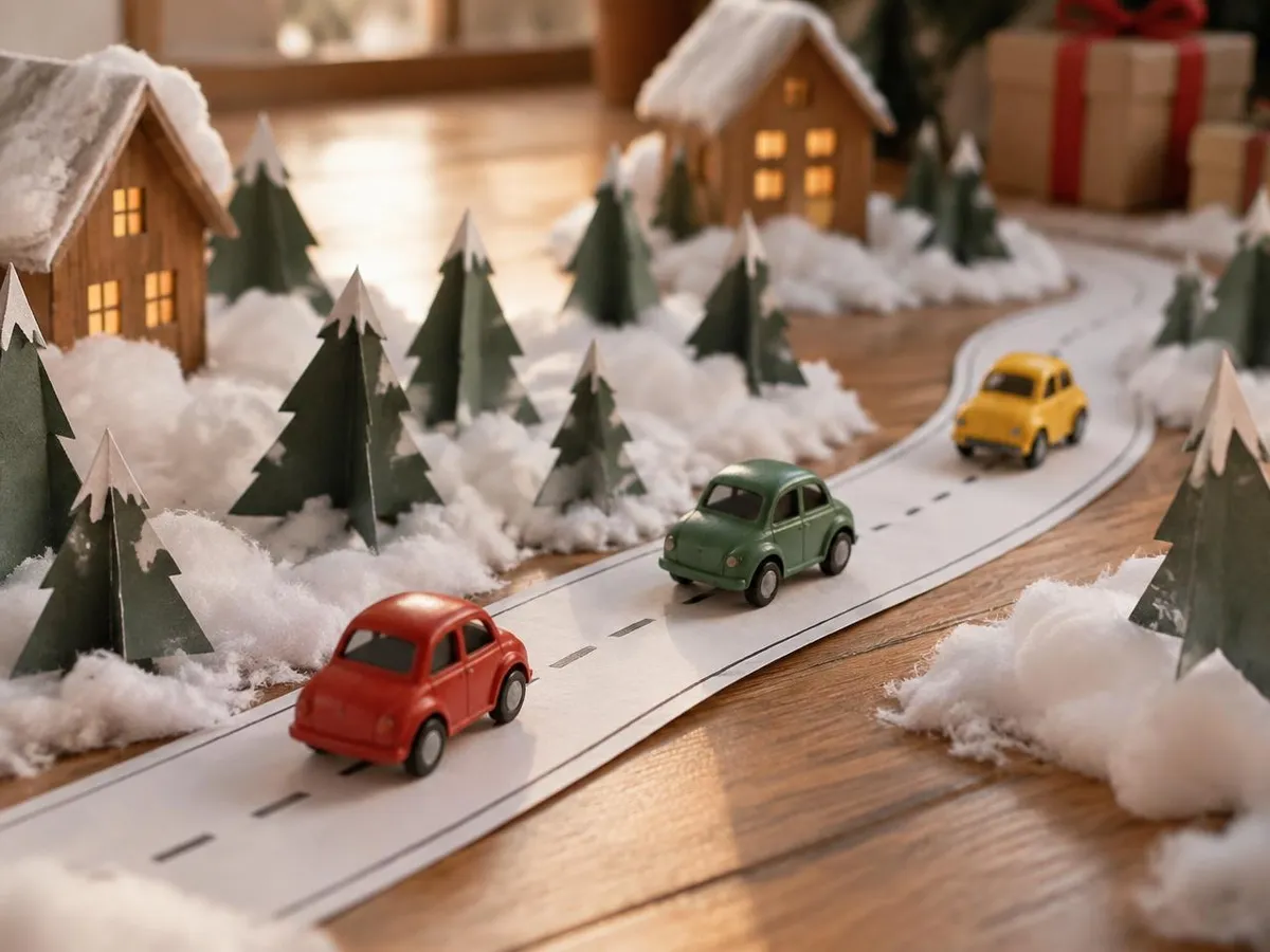 Kleine Spielzeugautos fahren auf einer Papierstraße durch eine Winterlandschaft aus Papiertannen und Watteschnee.