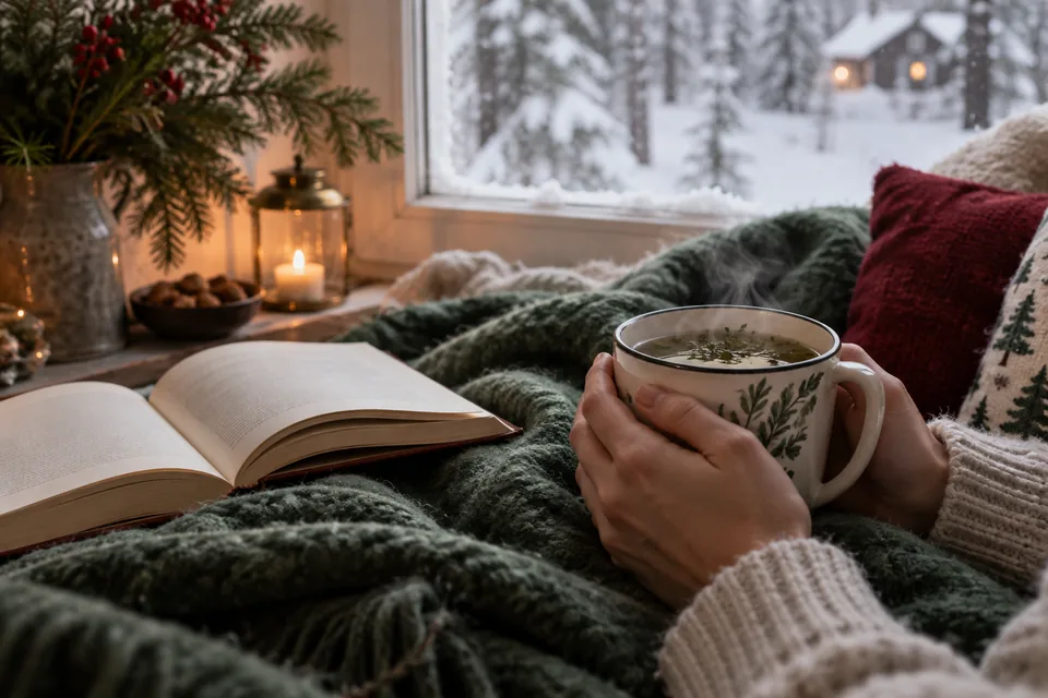 Hände halten eine dampfende Tasse Kräutertee unter einer Wolldecke am verschneiten Fenster, daneben ein aufgeschlagenes Buch.