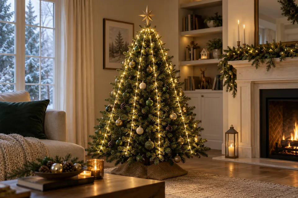 Weihnachtsbaum in einem Wohnzimmer, über den gleichmäßig verteilte Lichtstränge von der Spitze nach unten gelegt sind