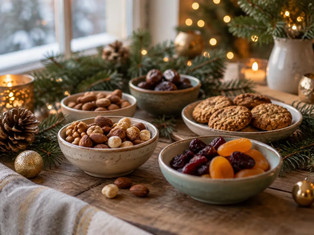 Kleine Keramikschalen mit Nüssen, Trockenfrüchten und Haferplätzchen auf einem winterlichen Holztisch.