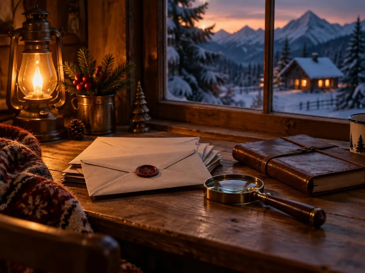 Versiegelte Umschläge, eine Lupe und ein Notizbuch am Fenster, draußen eine verschneite Hütte in der Dämmerung.