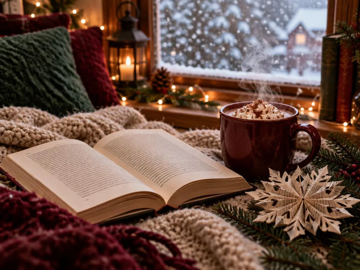 Ein aufgeschlagenes Buch auf einer Strickdecke neben einer Tasse Kakao und einem Papierstern, draußen fällt Schnee.
