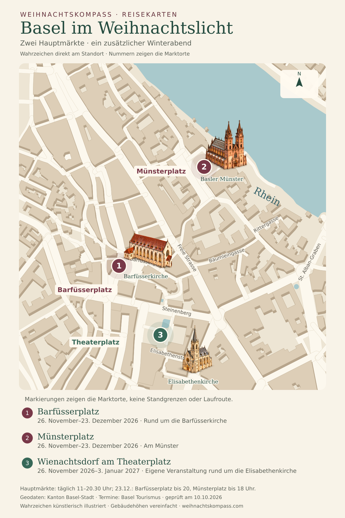 Vorschau der Reisekarte „Basel im Weihnachtslicht“: Altstadtplan mit Barfüsserplatz, Münsterplatz und Wienachtsdorf am Theaterplatz