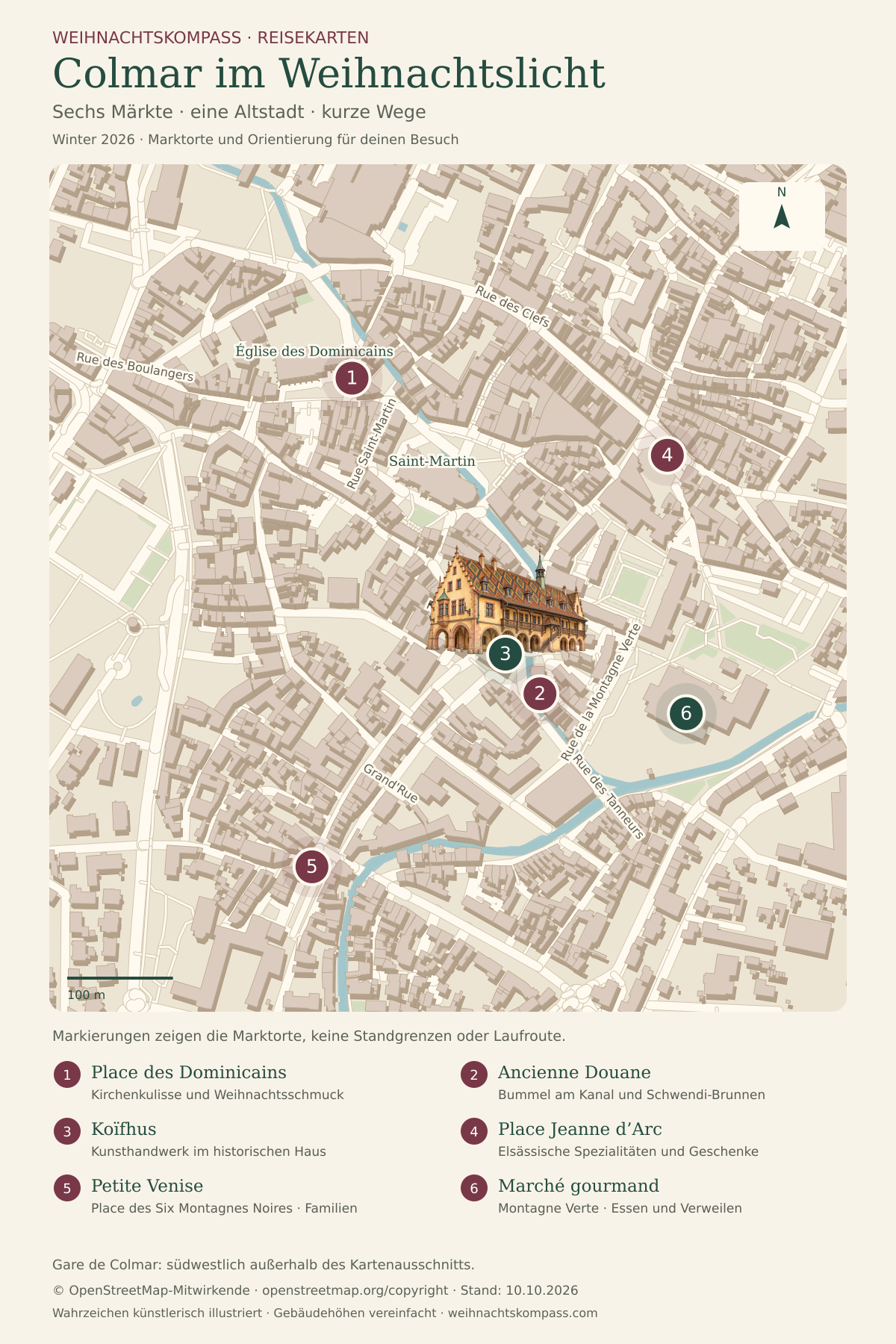 Vorschau der Reisekarte „Colmar im Weihnachtslicht“: Altstadtplan mit sechs nummerierten Weihnachtsmärkten von Place des Dominicains bis Petite Venise