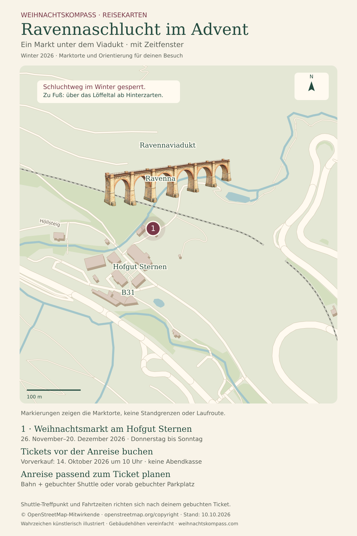 Vorschau der Reisekarte „Ravennaschlucht im Advent“: Lageplan mit Ravennaviadukt, Weihnachtsmarkt am Hofgut Sternen und Hinweisen zu Tickets und Anreise