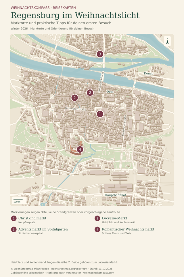 Reisekarte Regensburg mit nummerierten Besuchsorten