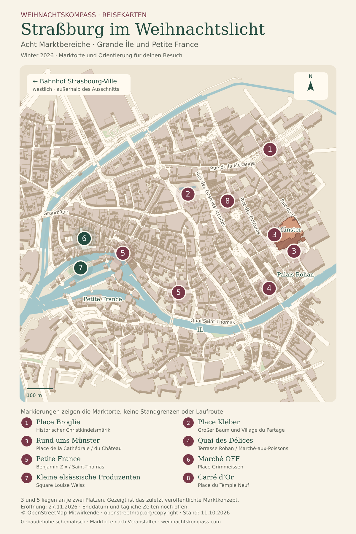 Vorschau der Reisekarte „Straßburg im Weihnachtslicht“: Altstadtplan mit acht Marktbereichen rund um Münster, Place Kléber und Place Broglie